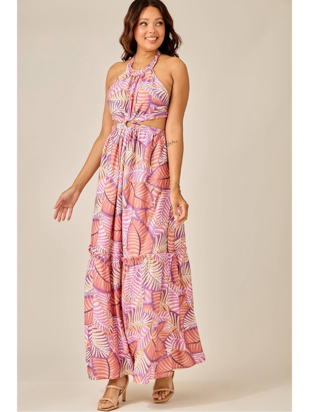 Halter Cutout Maxi Dress in Pink Tropical Print